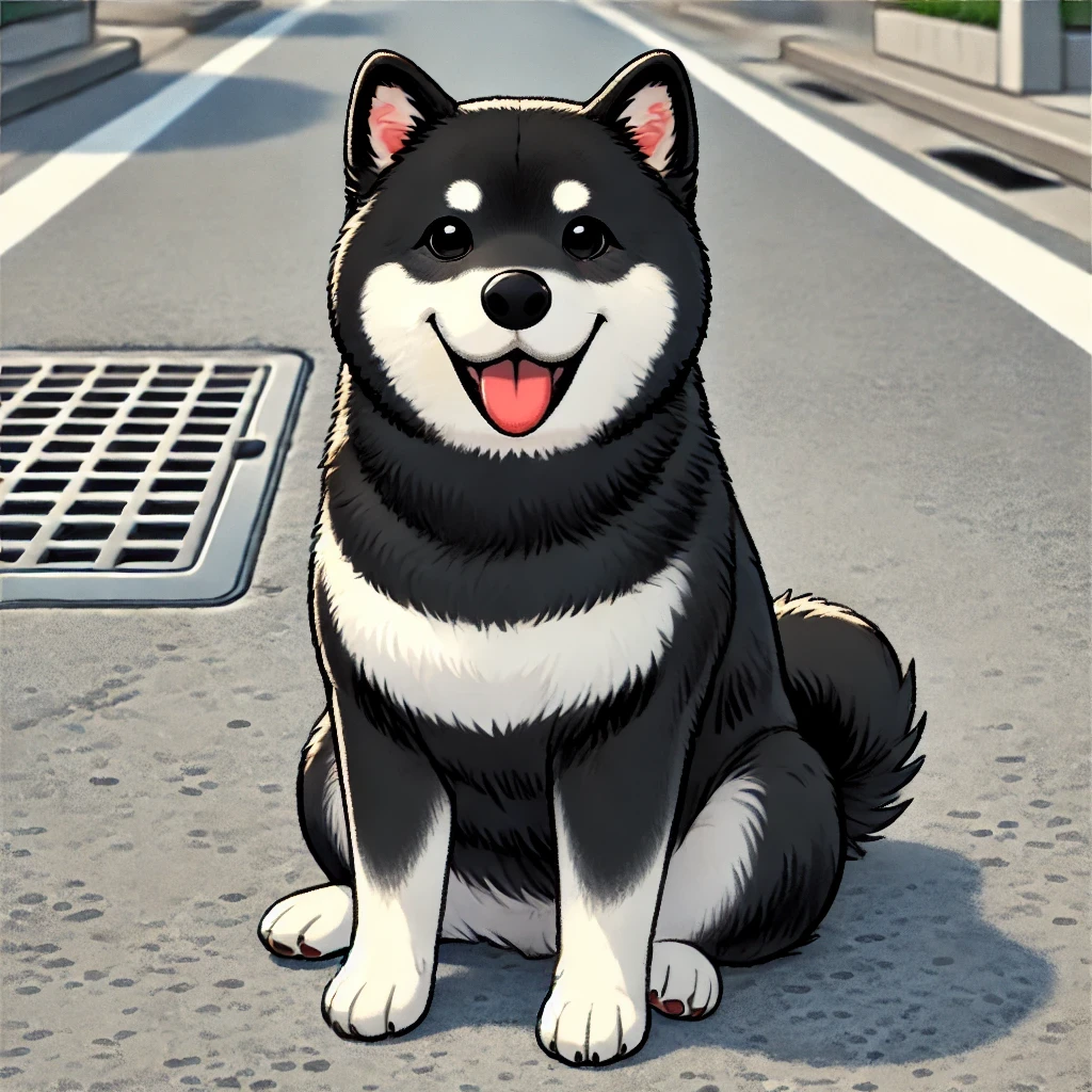 A black Shiba Inu dog with increased white fur on its chest, paws, and more white fur on its face, sitting on a street, with a happy expression and slightly sticking its tongue out. The scene is realistic with natural colors and soft outlines. The background is a simple street scene with gray pavement and some minor details like a drain cover and a sidewalk.